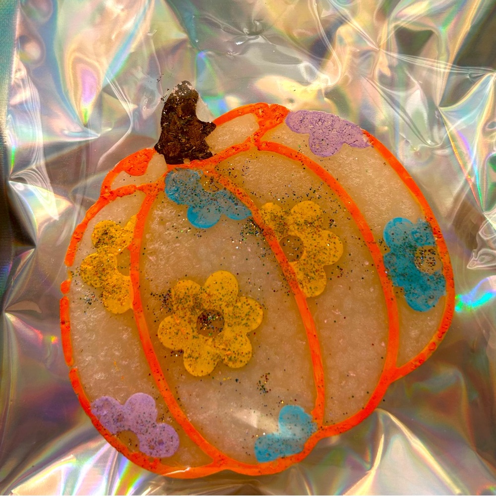 Colorful Pumpkin Car Freshie with Floral Design